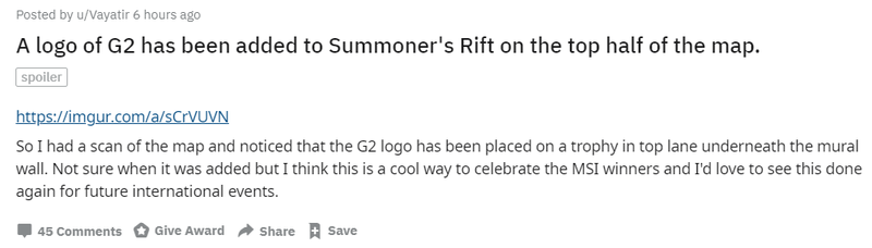 Reddit曝料：G2战队Logo已在峡谷实装
